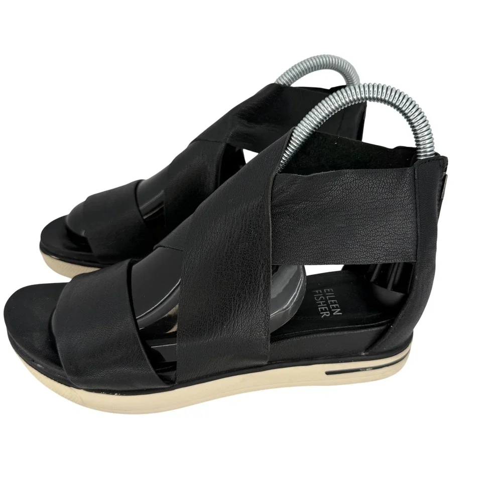 Eileen Fisher Black Leather Platform Sandals Crisscross Minimalist Luxe‎ Women 6
